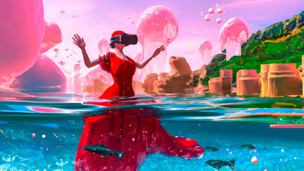 Mujer con vestido rojo disfrutando del metaverso